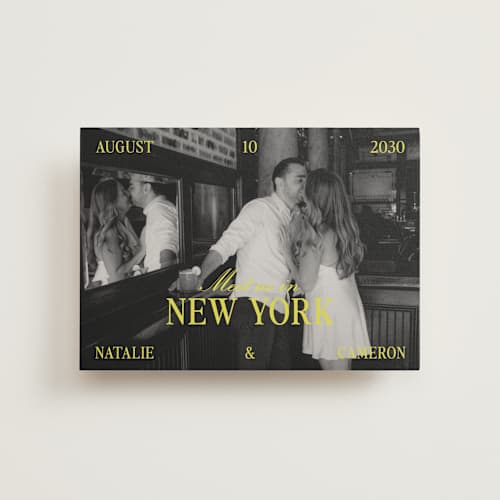 This is a sunline save the date postcards with standard by Pixel and Hank called metro printing on signature in postcard