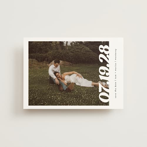 This is a pearl save the date postcards with standard by Christie Garcia called sidele printing on signature in postcard