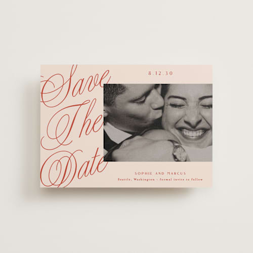 This is a cherry save the date postcards with standard by Alethea and Ruth called script overlay printing on signature in postcard