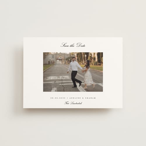 This is a snow save the date postcards with standard by Pixel and Hank called minimal printing on signature in postcard