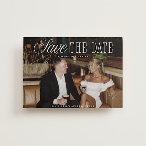 This is a porcelain save the date postcards with standard by Maria Alou called his & hers printing on signature in postcard