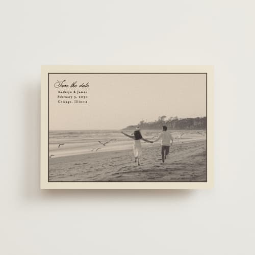 This is a chocolate save the date postcards with standard by Ellen Schlegelmilch called kathryn printing on signature in postcard