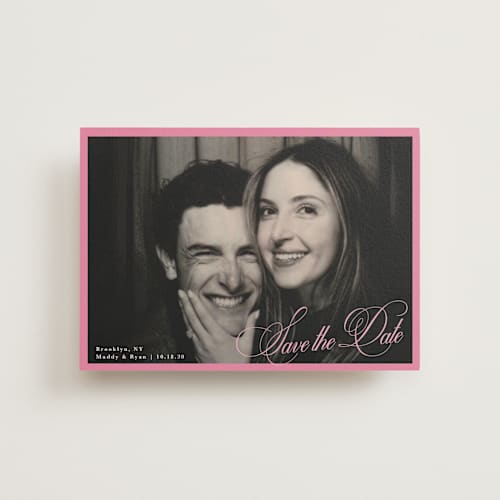 This is a peony save the date postcards with standard by Morgan Kendall called bubblegum printing on signature in postcard