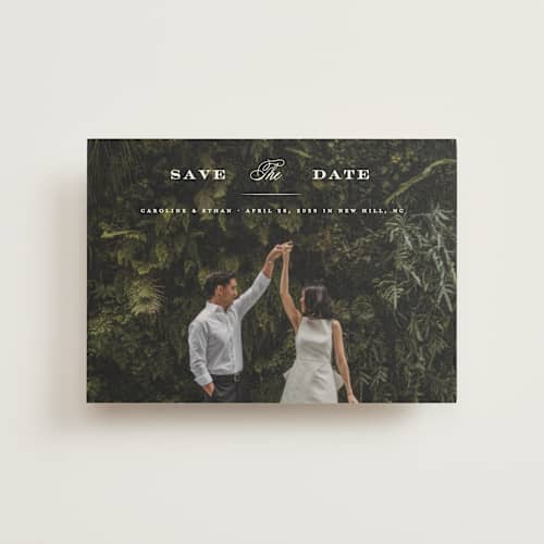 This is a gown save the date postcards with standard by Carolyn MacLaren called proper printing on signature in postcard