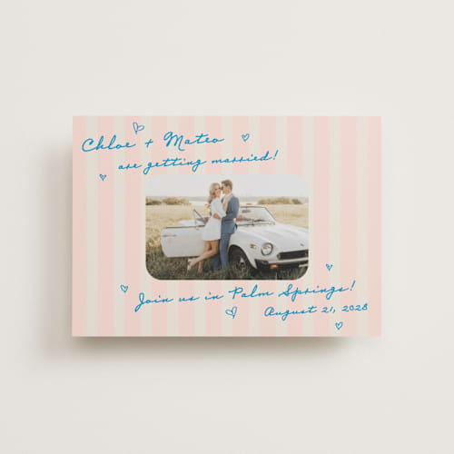 This is a pink grapefruit save the date postcards with standard by Jackie Crawford called the right stripes printing on signature in postcard