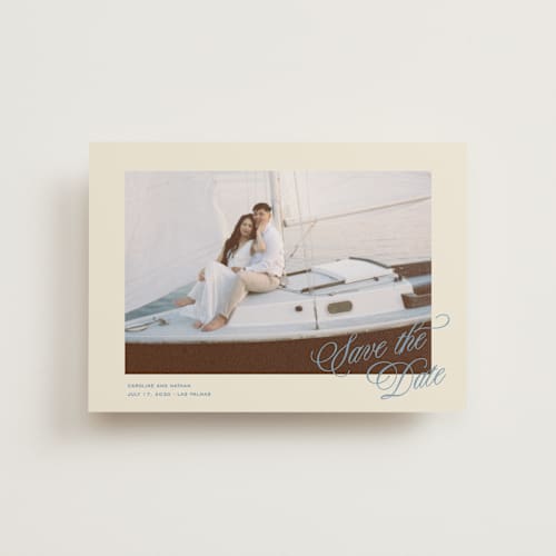 This is a capri save the date postcards with standard by Creo Study called classic contemporary printing on signature in postcard