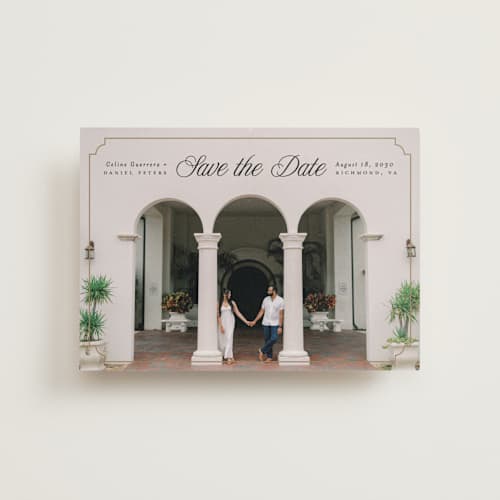 This is a golden save the date postcards with standard by Pink House Press called notched up printing on signature in postcard