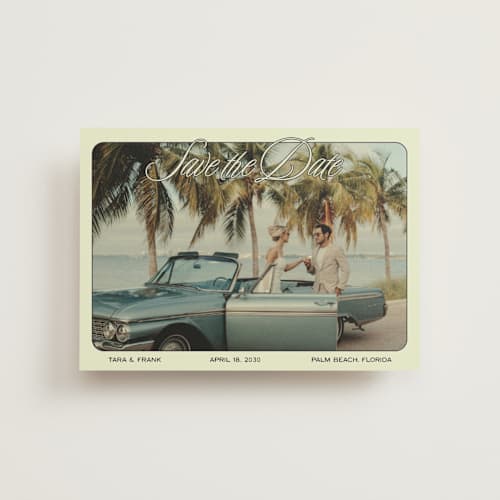 This is a palm sage save the date postcards with standard by Ani Somi called sunset ave printing on signature in postcard
