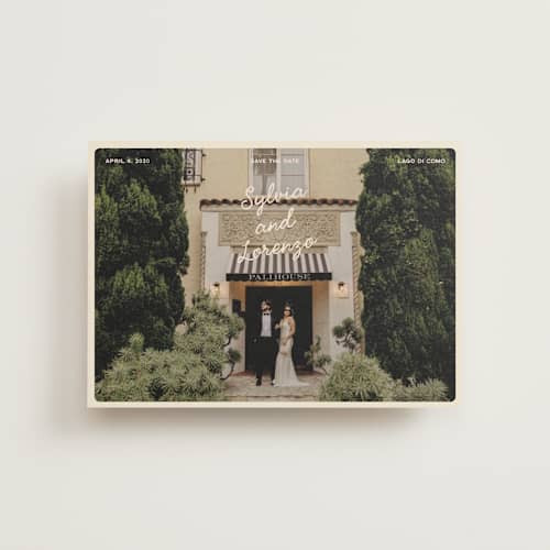 This is a cream save the date postcards with standard by Ellen Schlegelmilch called sylvia printing on signature in postcard