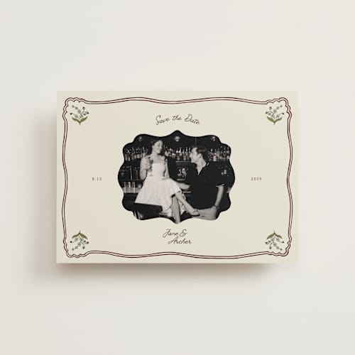 This is a wine save the date postcards with standard by Olivia Brinks called married + matted photo printing on signature in postcard