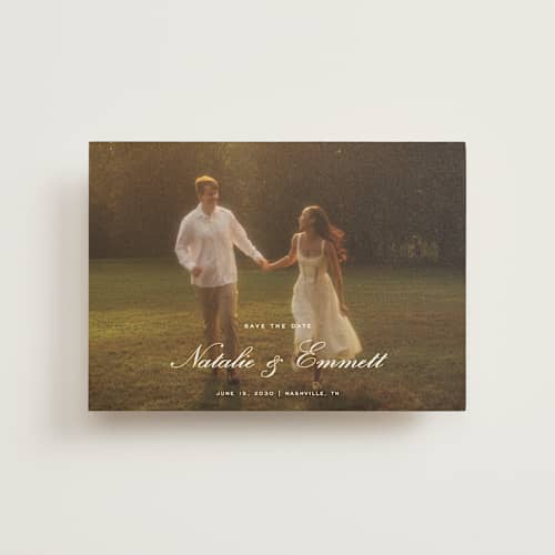 This is a ivory save the date postcards with standard by Emily Betts called story printing on signature in postcard