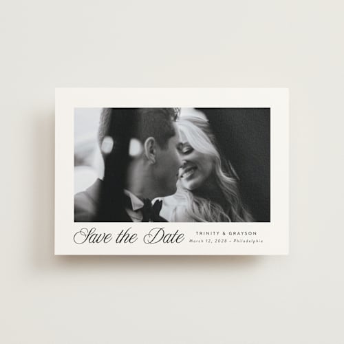 This is a tux save the date postcards with standard by Susan Asbill called classically printing on signature in postcard