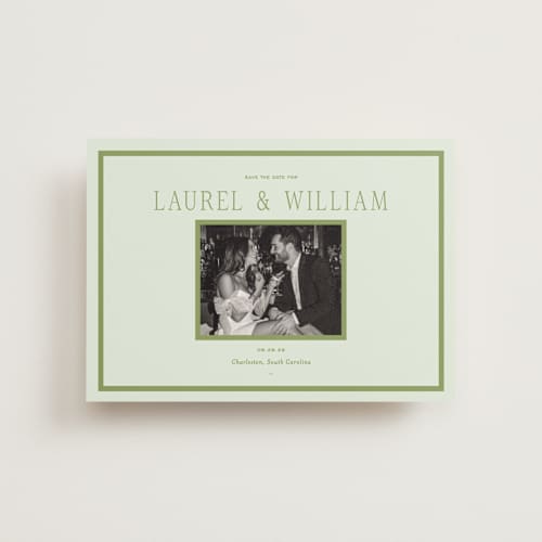 This is a forest save the date postcards with standard by Sara Hicks Malone called dewberry printing on signature in postcard