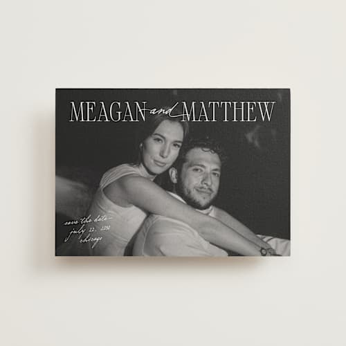 This is a pearl save the date postcards with standard by Mellary Bitner called cover shot printing on signature in postcard