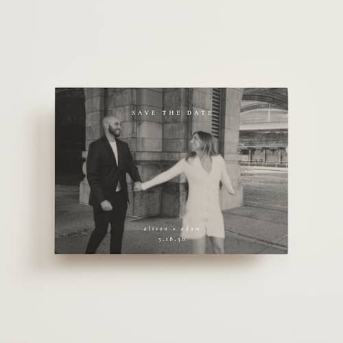 This is a cotton save the date postcards with standard by Amy Kross called veneer printing on signature in postcard