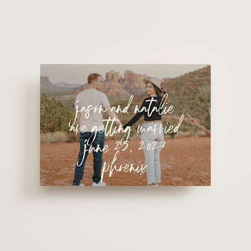 This is a marshmallow save the date postcards with standard by Keen Peachy called oh by the way printing on signature in postcard