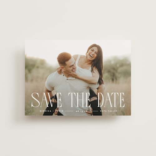 This is a cloud save the date postcards with standard by JoAnn Jinks called headlined printing on signature in postcard