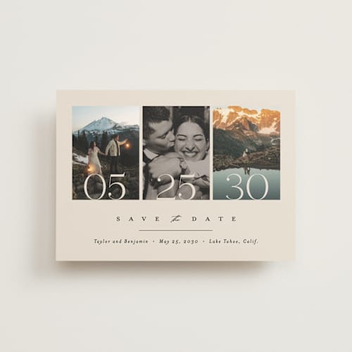 This is a ecru save the date postcards with standard by Erica Krystek called simple trio printing on signature in postcard
