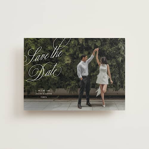 This is a pearl save the date postcards with standard by Pixel and Hank called enamored printing on signature in postcard