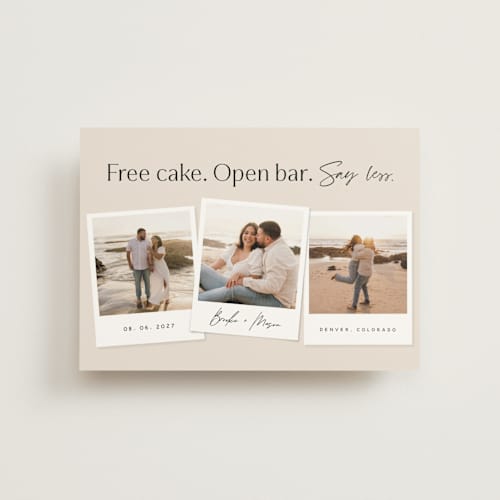 This is a almond save the date postcards with standard by Stephanie Hawkes called say less printing on signature in postcard