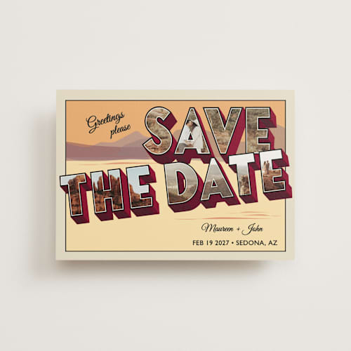 This is a sunset save the date postcards with standard by Ashley Bird called a retro save the date printing on signature in postcard