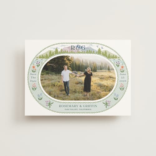 This is a pine save the date postcards with standard by Paper Sun Studio called river valley printing on signature in postcard