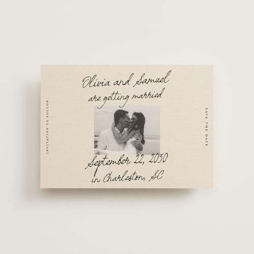 This is a linen save the date postcards with standard by Kercia Jane called written in love printing on signature in postcard