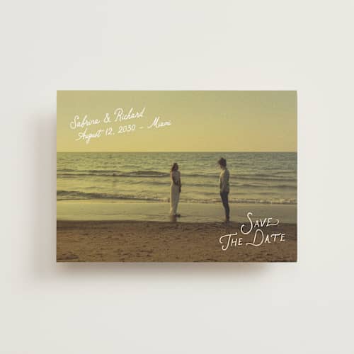 This is a moonstone save the date postcards with standard by Creo Study called slanted printing on signature in postcard