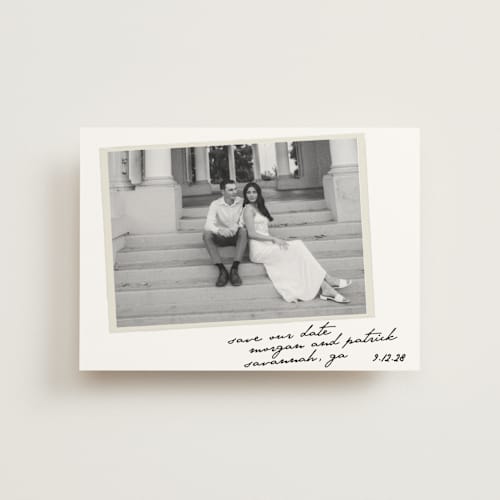 This is a ivory save the date postcards with standard by Maja Cunningham called venecia printing on signature in postcard