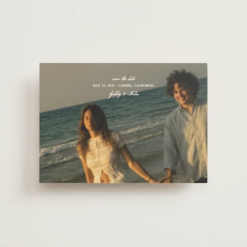 This is a snow save the date postcards with standard by Kate Ahn called alma printing on signature in postcard
