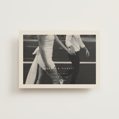This is a vanilla save the date postcards with standard by Blustery August called nonnette printing on signature in postcard