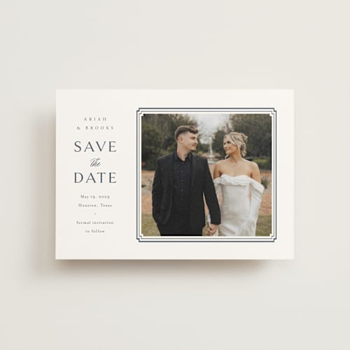 This is a french blue save the date postcards with standard by Jennifer Postorino called ariah printing on signature in postcard