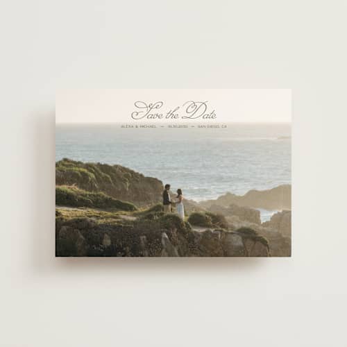 This is a moss save the date postcards with standard by Casey Miller called quiet horizon printing on signature in postcard