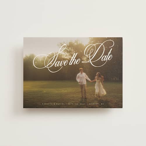 This is a porcelain save the date postcards with standard by Orasie called vintage elegant printing on signature in postcard