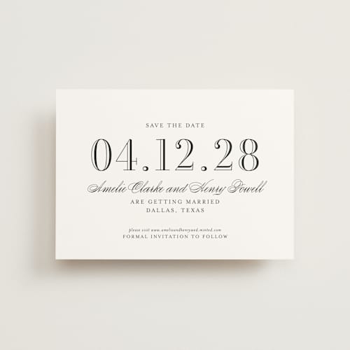 This is a tuxedo save the date postcards with standard by Megan Davis called hepburn printing on signature in postcard