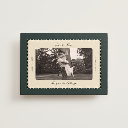 This is a emerald save the date postcards with standard by Kate Ahn called bettie printing on signature in postcard