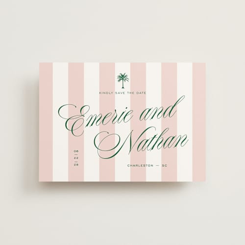This is a taffy save the date postcards with standard by Susan Zinader called palm stripes printing on signature in postcard