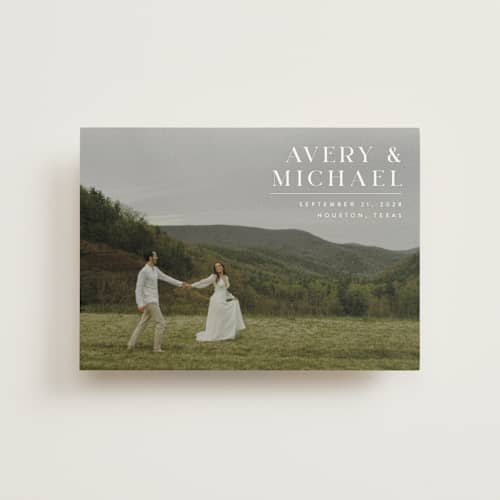 This is a ivory save the date postcards with standard by Juneau Designs called hold tight printing on signature in postcard