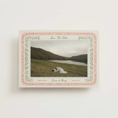 This is a vintage save the date postcards with standard by Elly called romantic floral printing on signature in postcard