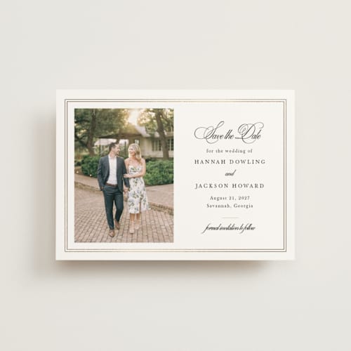 This is a snow save the date postcards with foil pressed by Sarah Brown called traditionally printing on signature in postcard