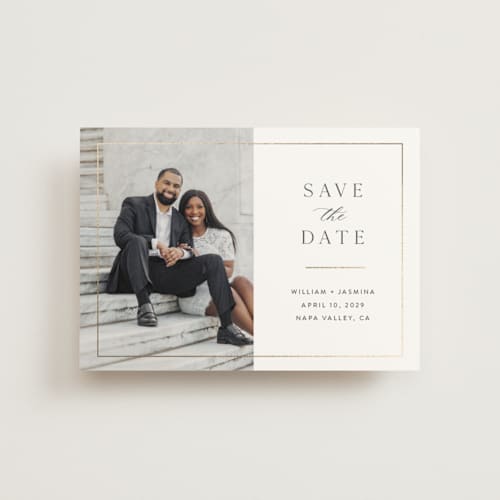 This is a cloud save the date postcards with foil pressed by Christie Garcia called classico printing on signature in postcard