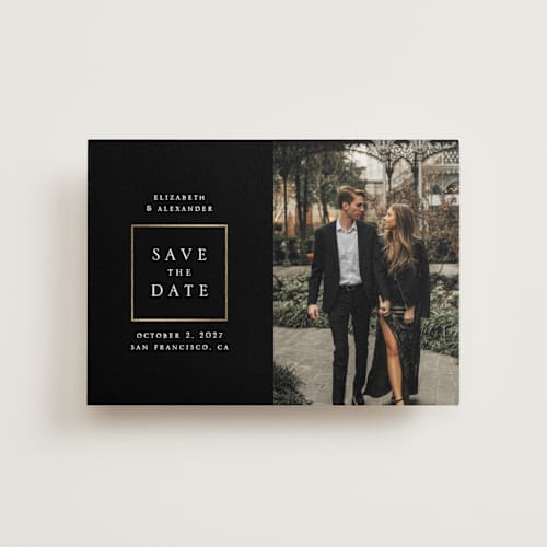 This is a black coal save the date postcards with foil pressed by Remioni called сlassic printing on signature in postcard