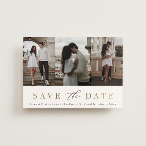 This is a eclipse save the date postcards with foil pressed by Andrea Cernin called minimal elegance printing on signature in postcard