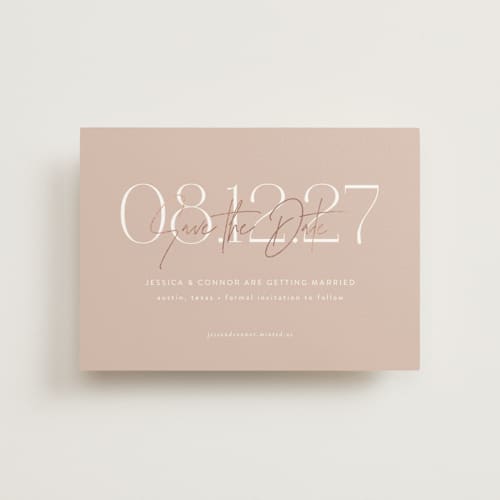 This is a blush save the date postcards with foil pressed by Jennifer Postorino called foil overlay printing on signature in postcard