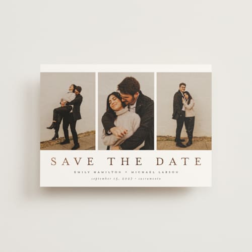 This is a lace save the date postcards with foil pressed by Nicole Walsh called elegant trio printing on signature in postcard