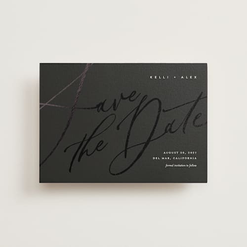 This is a noir save the date postcards with foil pressed by Eric Clegg called brush script printing on signature in postcard