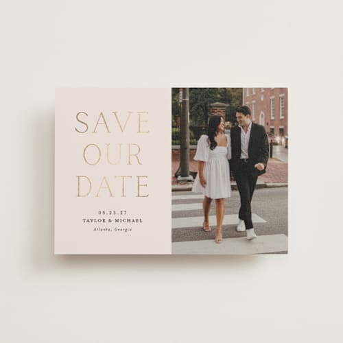 This is a natural save the date postcards with foil pressed by Vanessa Doyle called soon to wed printing on signature in postcard