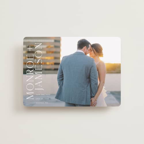 This is a quartz petite save the dates with standard by Angela Garrick called carefree printing on recycled smooth signature in petite
