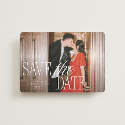 This is a snow petite save the dates with standard by Pixel and Hank called love song printing on recycled smooth signature in petite