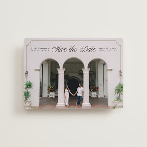 This is a golden petite save the dates with standard by Pink House Press called notched up printing on recycled smooth signature in petite